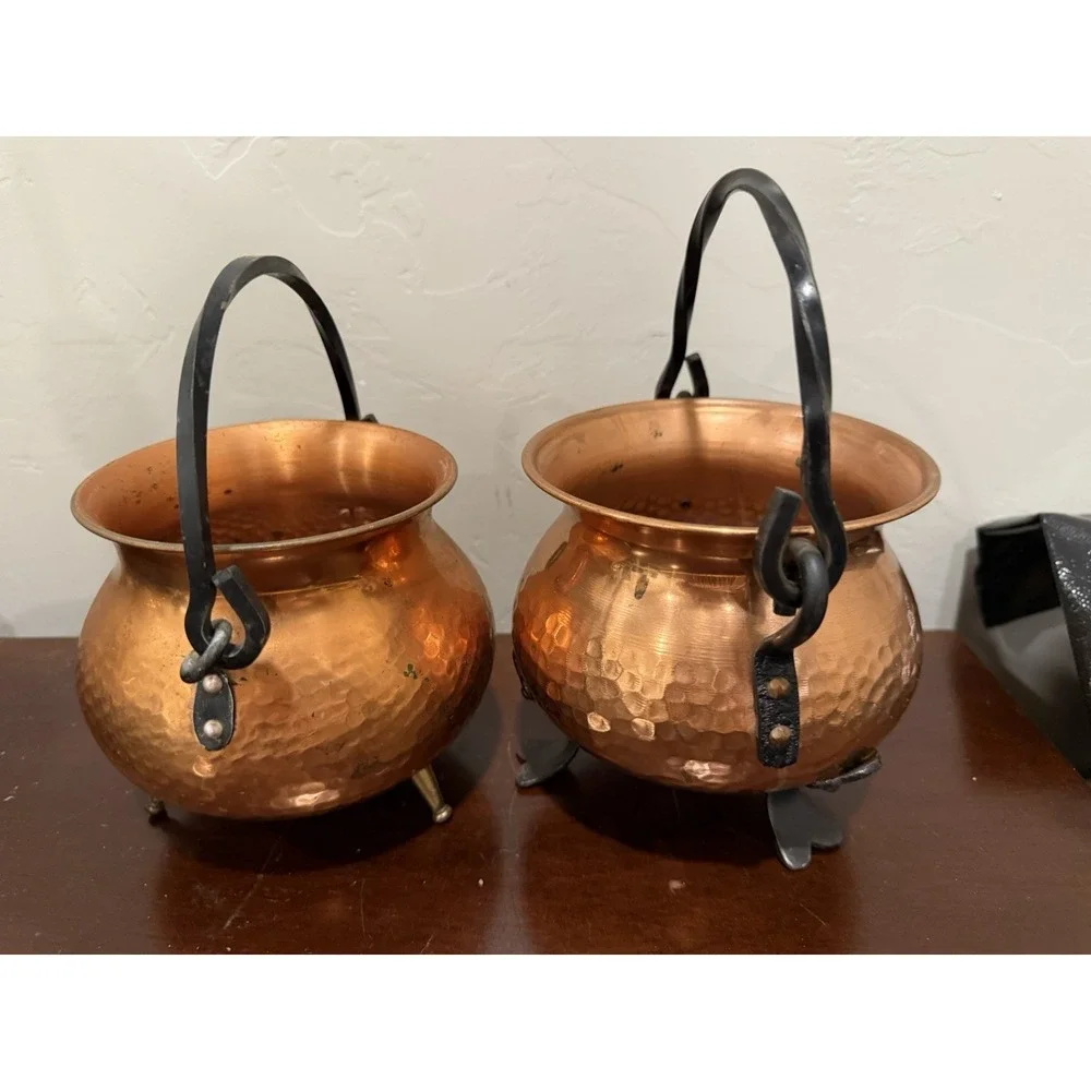 VTG Set Of 2 Hammered Copper Pot Cauldron Germany Bail Wrought Iron Handles Feet